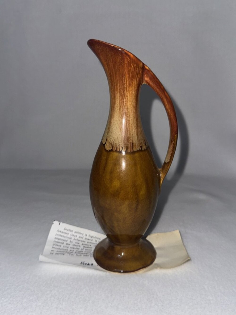 Vintage Dryden Art Pottery Brown Drip Glaze Small Pitcher W/ Original Papers